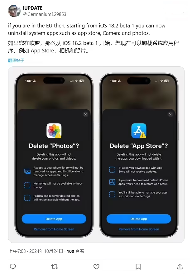 管城回族苹果手机维修分享iOS 18.2 支持删除 App Store 应用商店 